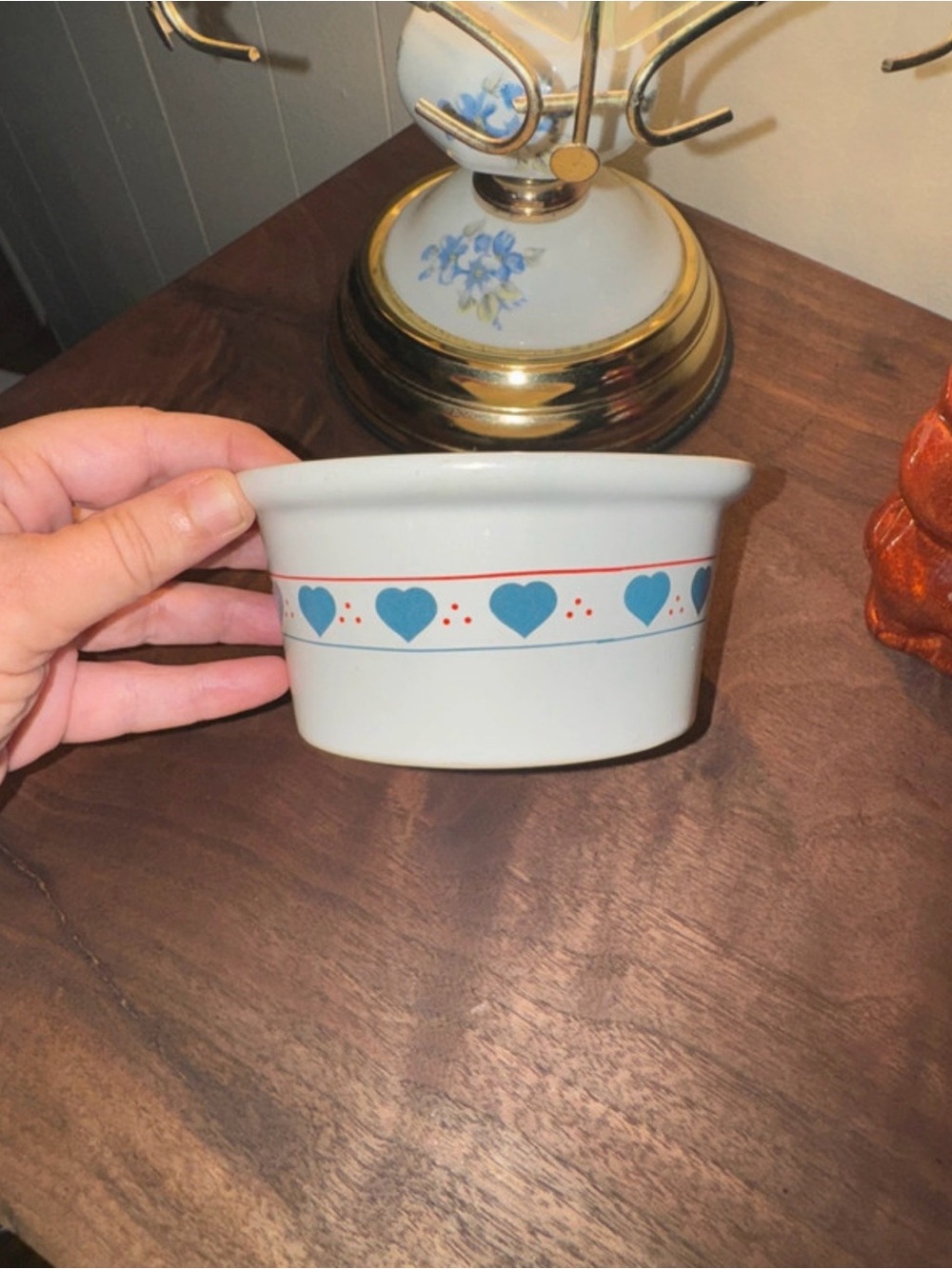 White Ceramic Heart Pattern Bowl - Blue Accent